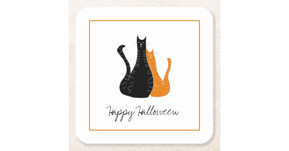 happy halloween cats orange black cute square paper coaster zazzle com zazzle