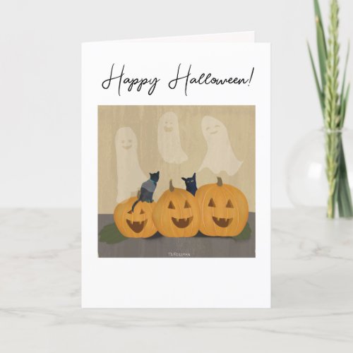 Happy Halloween cats pumpkins friendly ghosts Holiday Card