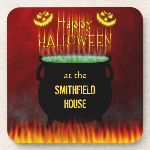 Happy Halloween Cauldron Fire Beverage Coaster