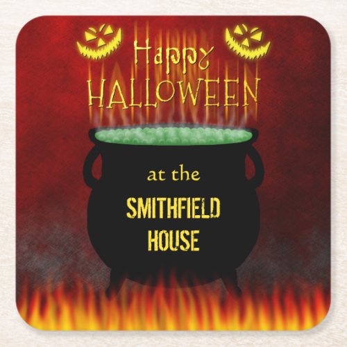 Happy Halloween Cauldron Fire Square Paper Coaster