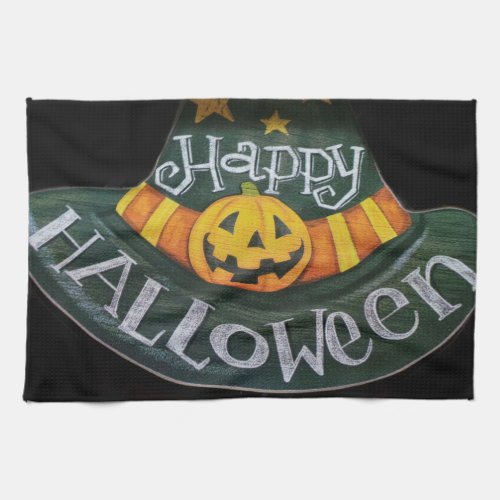 Happy Halloween Chalk Hat Pumpkin Teacher  Kitchen Towel