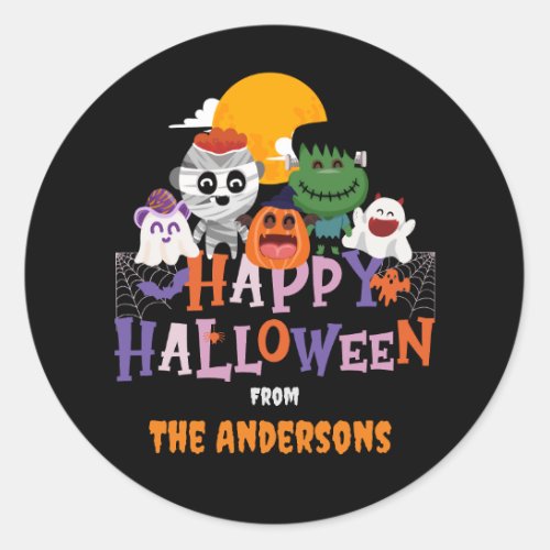Happy Halloween Characters Custom Family Name Classic Round Sticker