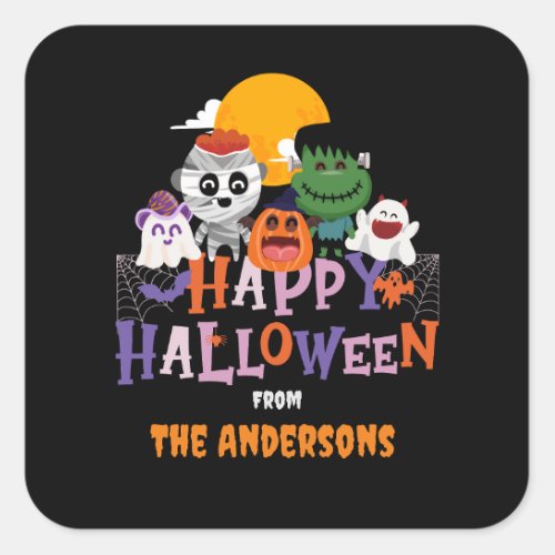 Happy Halloween Characters Custom Family Name Square Sticker