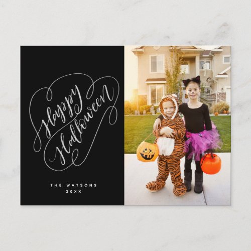 Happy Halloween Chic Handlettered Photo Black Postcard