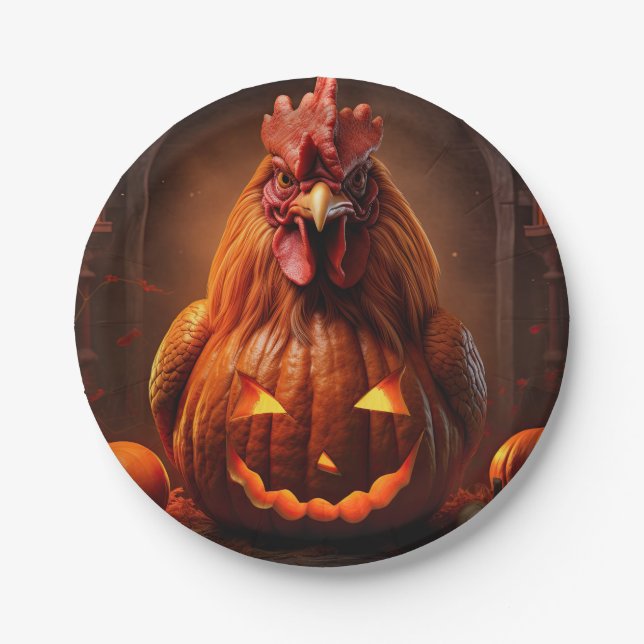 Happy Halloween Chicken Rooster Pumpkin Farm Paper Paper Plates (Front)