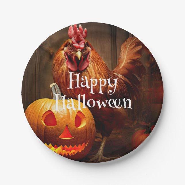 Happy Halloween Chicken Rooster Pumpkin Farm Paper Plates (Front)