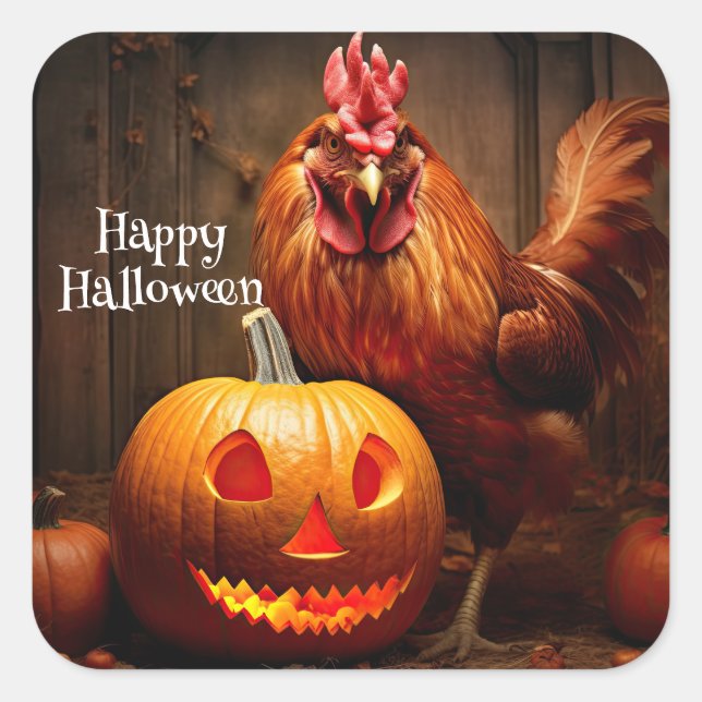 Happy Halloween Chicken Rooster Pumpkin Farm Paper Square Sticker (Front)