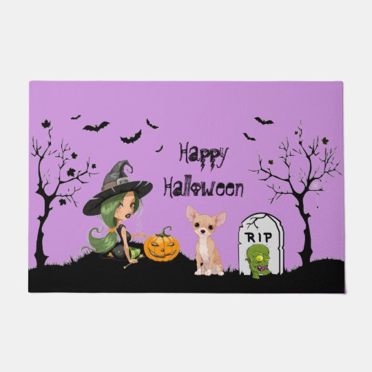 Happy Halloween Chihuahua And Cute Witch Doormat | Zazzle.com