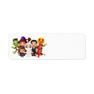 Happy Halloween children wearing costumes Label
