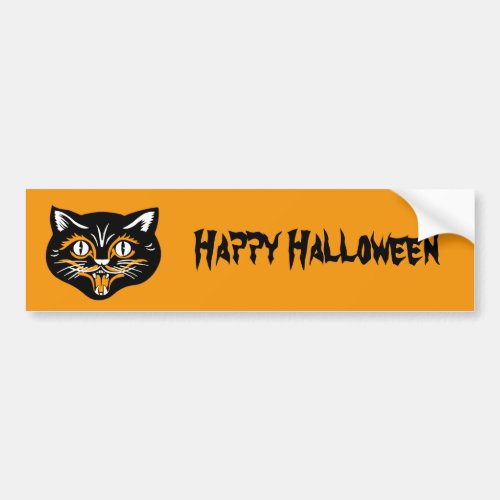 Happy Halloween Classic Black Cat Face on Orange Bumper Sticker