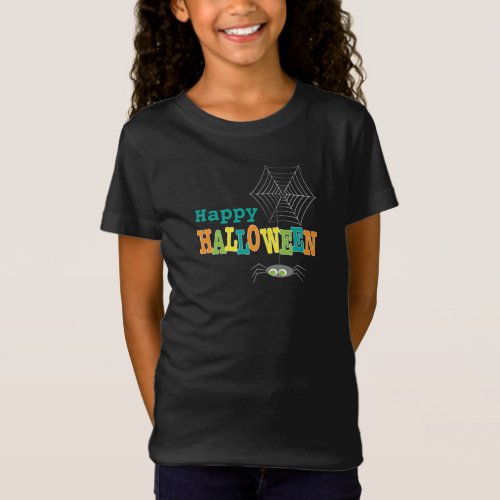 Happy Halloween Colorful Typography Spider Web T_Shirt