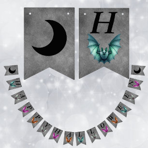 Happy Halloween Colourful Flying Bats Dark Grey Bunting Flags
