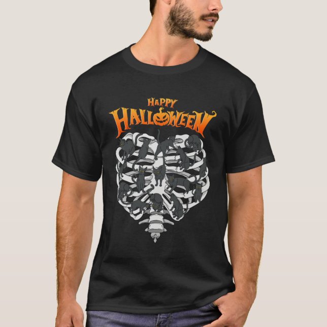 Happy Halloween Cool Black Cats Humor Skeleton T-Shirt (Front)