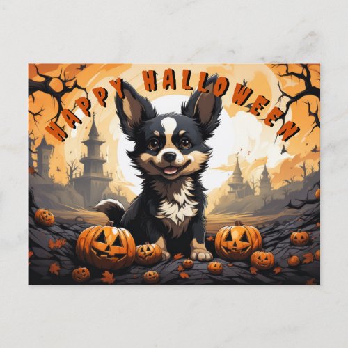 Happy Halloween Corgi In Pumpkin Patch Holiday Postcard