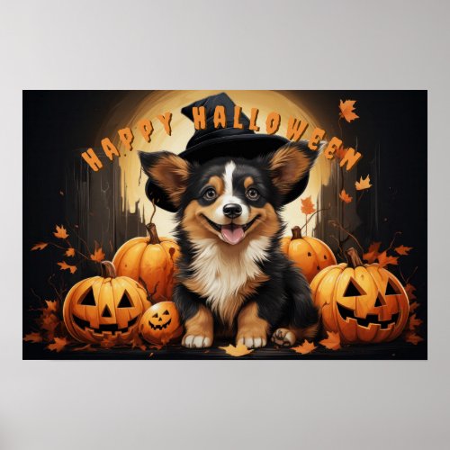 Happy Halloween Corgi In Pumpkin Patch Poster
