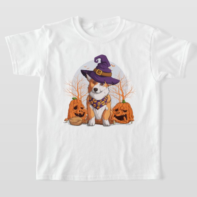 Happy Halloween | Corgi Witch Puppy Dog T-Shirt (Laydown)