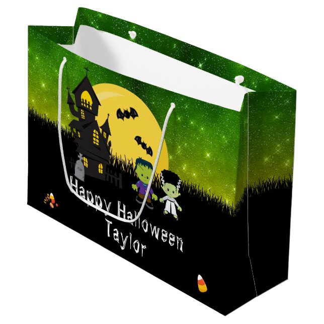 Happy Halloween Costume Party Monsters Green Large Gift Bag (Front Angled)