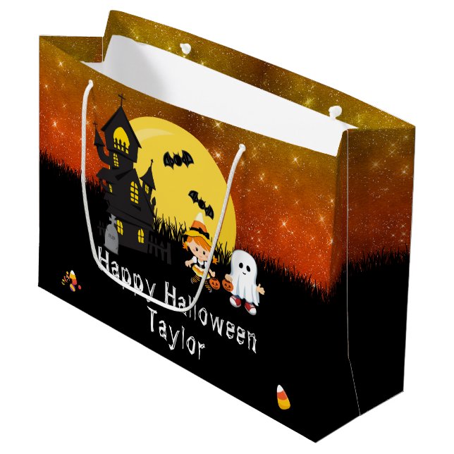 Happy Halloween Costume Party Witch Ghost Orange Large Gift Bag (Front Angled)