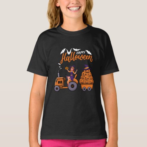 Happy Halloween costume witch Riding Tractor  T_Shirt