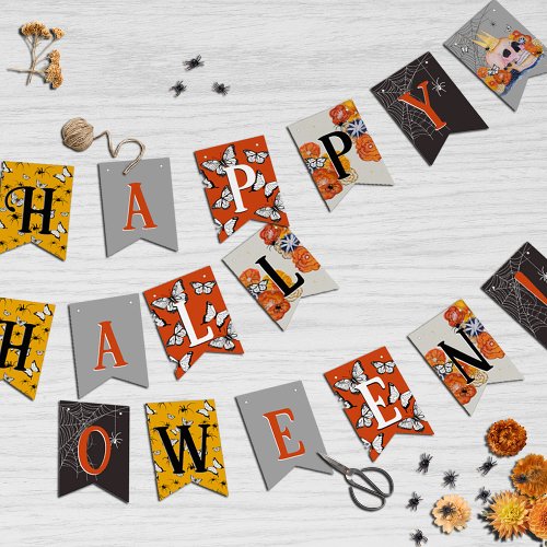 Happy Halloween Cottagecore Spiders Foral Skull  Bunting Flags