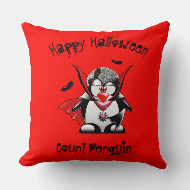 Happy Halloween Count Penguin Throw Pillow (Front)