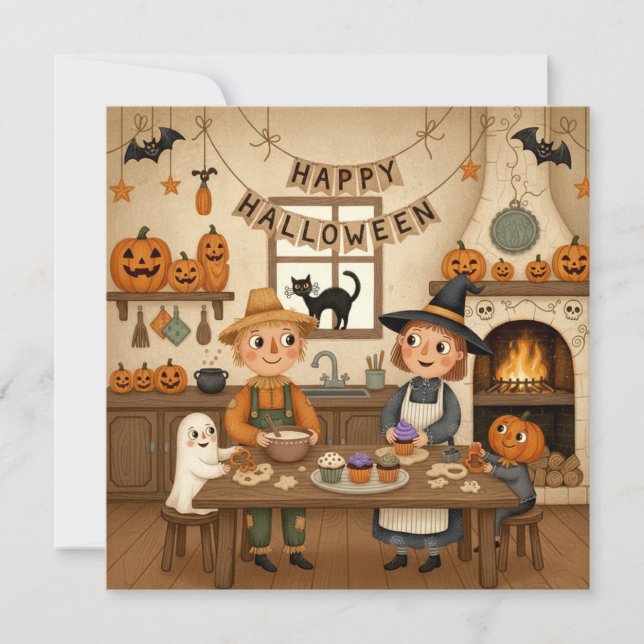Happy Halloween Country Family Baking Cupcakes Holiday Card (Front)