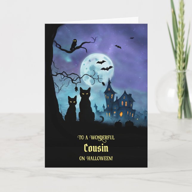 Happy Halloween Cousin Cute Black Cats Owl  Card (Front)
