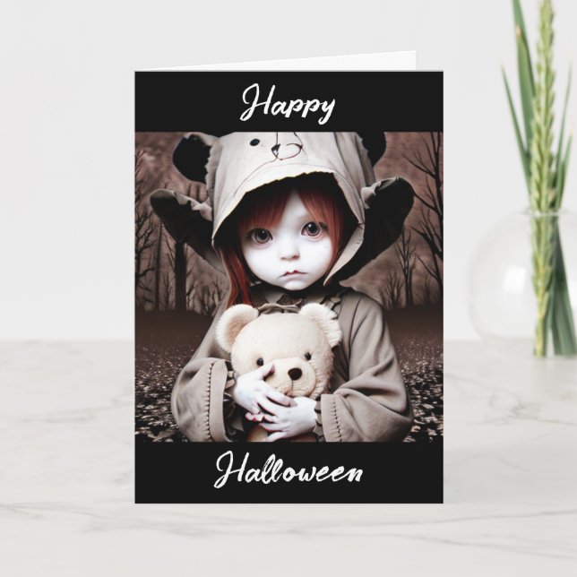 Happy Halloween | Creepy Child with Teddy Bear  Card (Front)