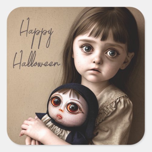 Happy Halloween  Creepy Girl and Doll Square Sticker