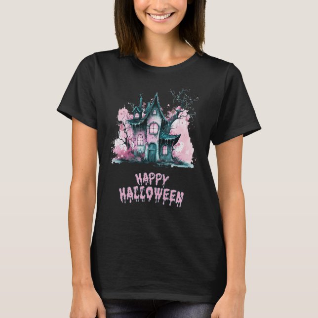 Happy Halloween Creepy Pink House Halloween T-Shirt (Front)