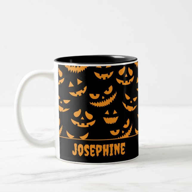 Happy Halloween Creepy Pumpkin Faces Two-Tone Coffee Mug (Left)