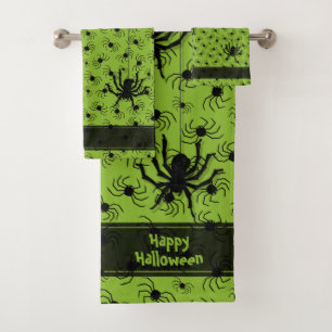 Happy Halloween Creepy Spider Silhouettes Green Bath Towel Set