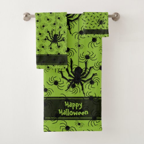 Happy Halloween Creepy  Spider Silhouettes Green  Bath Towel Set
