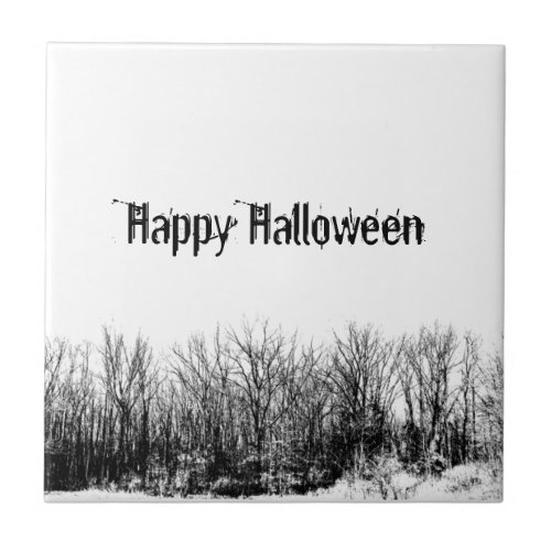 Happy Halloween Creepy Typography Black White Ceramic Tile