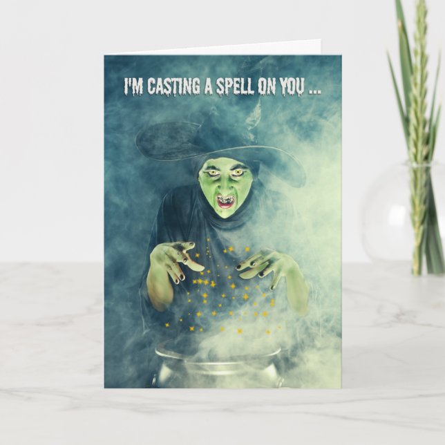 Happy Halloween Creepy Witch Casting Spell Holiday Card (Front)