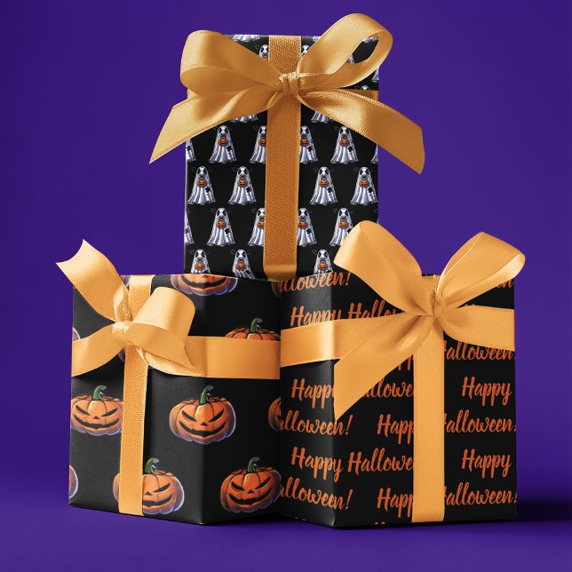 Happy Halloween custom message ghost and pumpkins Wrapping Paper Sheets (Happy Halloween custom message ghost and pumpkins Wrapping Paper Sheets)