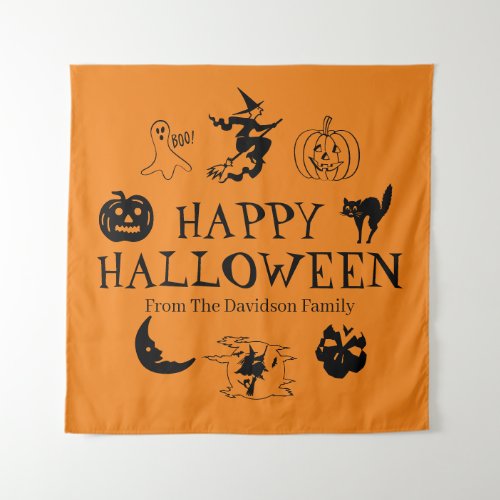 Happy Halloween custom name black and orange Tapestry