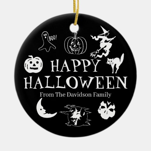 Happy Halloween custom name black and white decor Ceramic Ornament