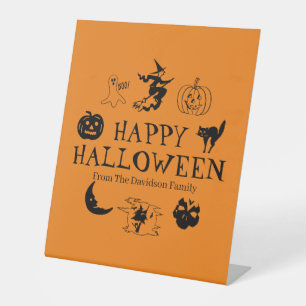 Happy Halloween custom name black & orange decor  Pedestal Sign