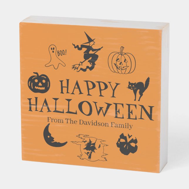Happy Halloween custom name black & orange decor Wooden Box Sign (Angled Horizontal)