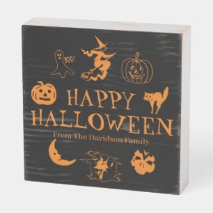 Happy Halloween custom name black orange decor Wooden Box Sign