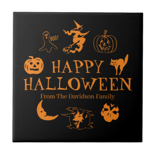 Happy Halloween custom name black orange spooky Ceramic Tile