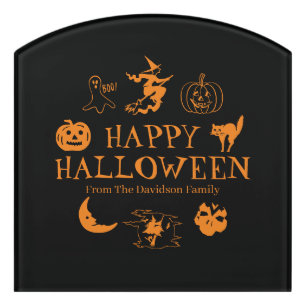 Happy Halloween custom name black orange spooky Door Sign