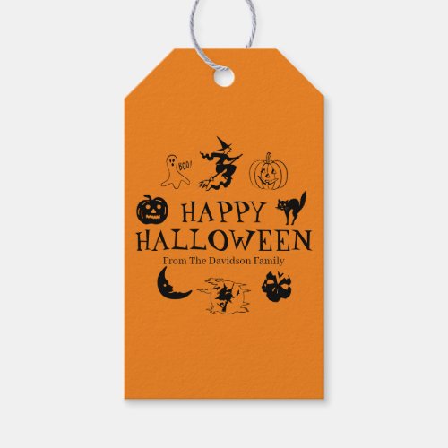 Happy Halloween custom name black  orange spooky  Gift Tags