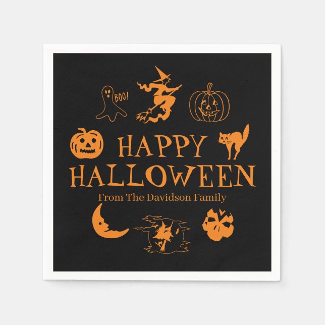 Happy Halloween custom name black orange spooky Napkins (Front)