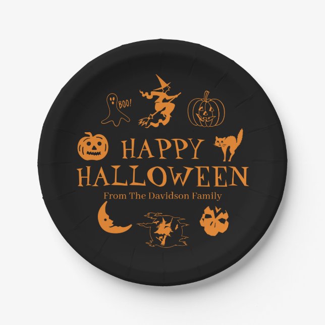 Happy Halloween custom name black orange spooky  Paper Plates (Front)