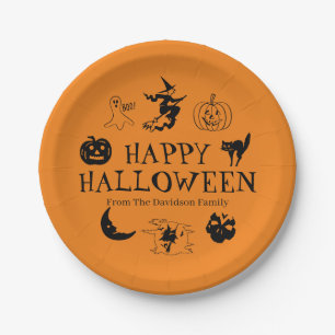 Happy Halloween custom name black & orange spooky Paper Plates