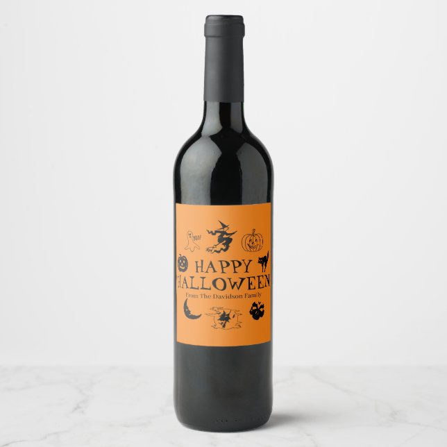 Happy Halloween custom name black & orange spooky Wine Label (Front)