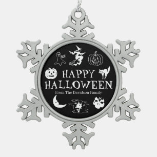Happy Halloween custom name black spooky decor Snowflake Pewter Christmas Ornament
