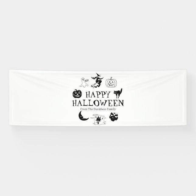 Happy Halloween custom name black white spooky Banner (Horizontal)